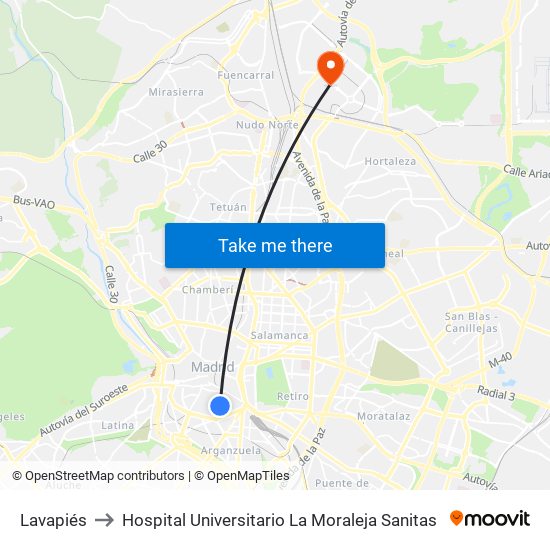 Lavapiés to Hospital Universitario La Moraleja Sanitas map