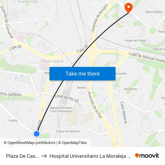 Plaza De Castilla to Hospital Universitario La Moraleja Sanitas map
