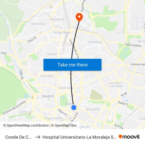 Conde De Casal to Hospital Universitario La Moraleja Sanitas map