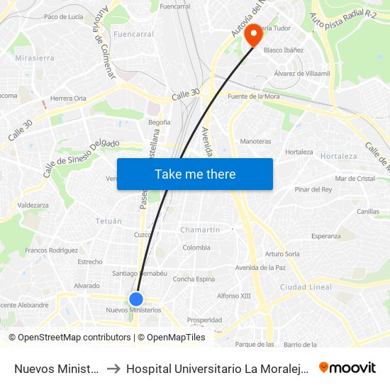 Nuevos Ministerios to Hospital Universitario La Moraleja Sanitas map