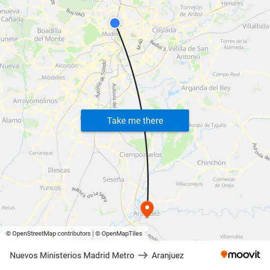 Nuevos Ministerios Madrid Metro to Aranjuez map