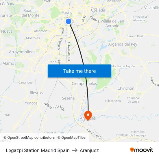 Legazpi Station Madrid Spain to Aranjuez map