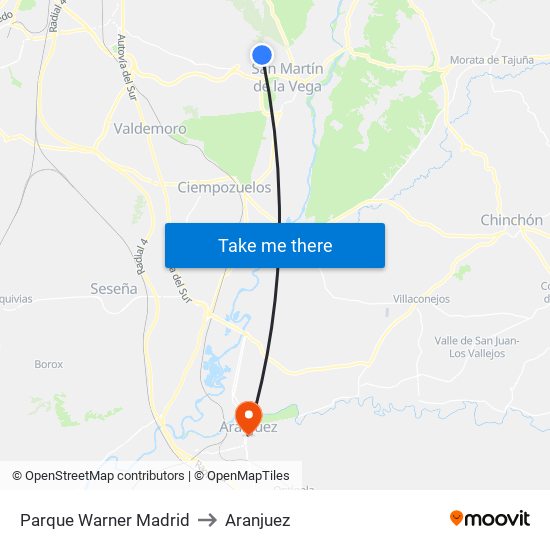 Parque Warner Madrid to Aranjuez map