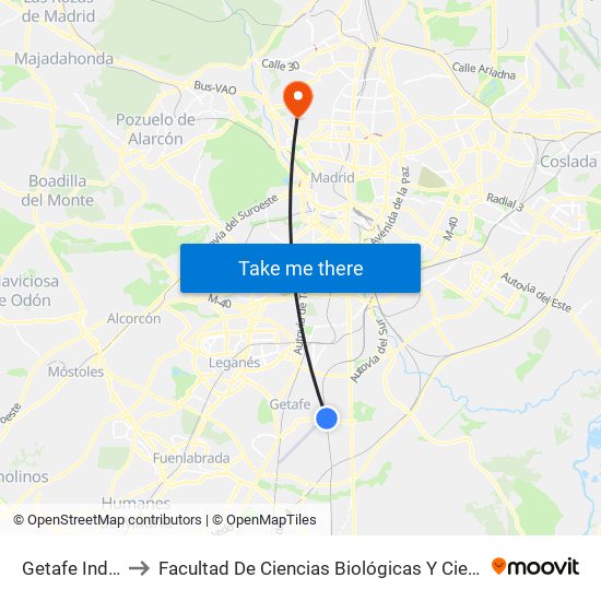 Getafe Industrial to Facultad De Ciencias Biológicas Y Ciencias Geológicas map