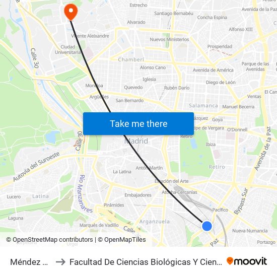 Méndez Álvaro to Facultad De Ciencias Biológicas Y Ciencias Geológicas map