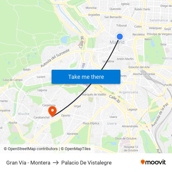 Gran Vía - Montera to Palacio De Vistalegre map