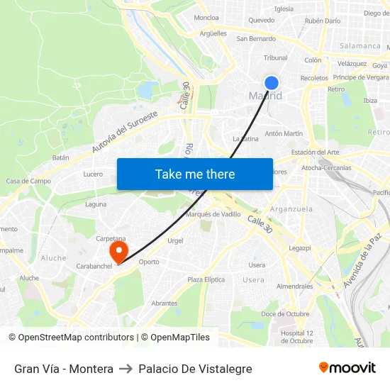 Gran Vía - Montera to Palacio De Vistalegre map