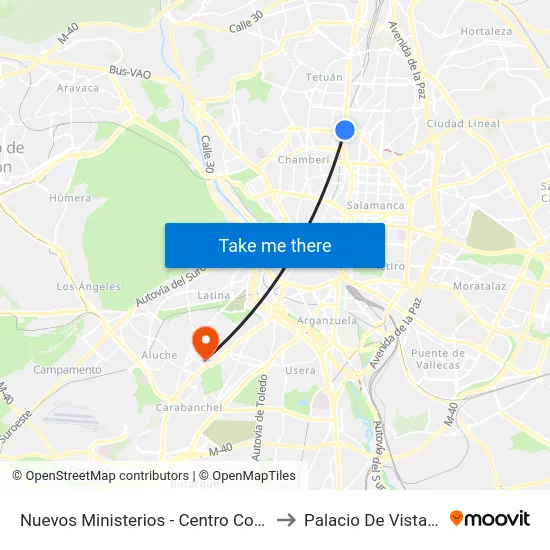 Nuevos Ministerios - Centro Comercial to Palacio De Vistalegre map