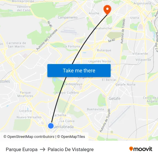 Parque Europa to Palacio De Vistalegre map