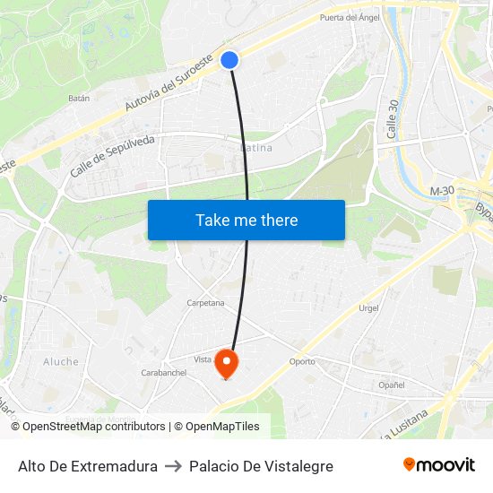 Alto De Extremadura to Palacio De Vistalegre map