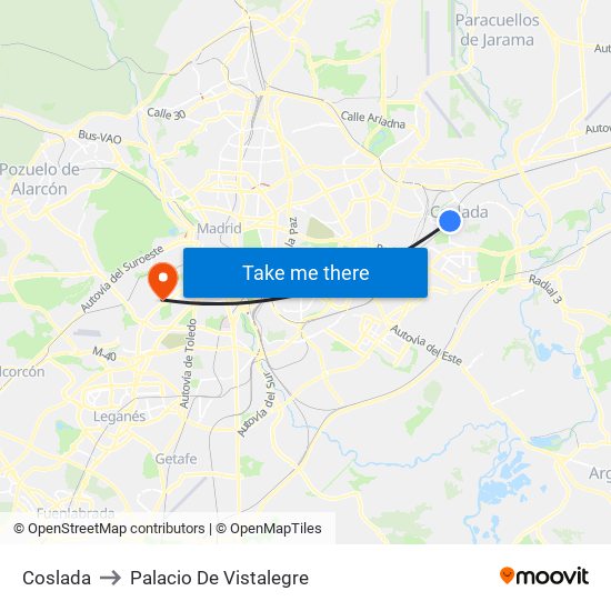 Coslada to Palacio De Vistalegre map