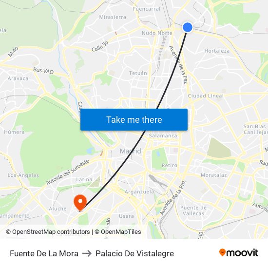 Fuente De La Mora to Palacio De Vistalegre map