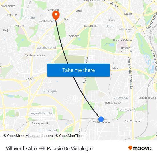 Villaverde Alto to Palacio De Vistalegre map