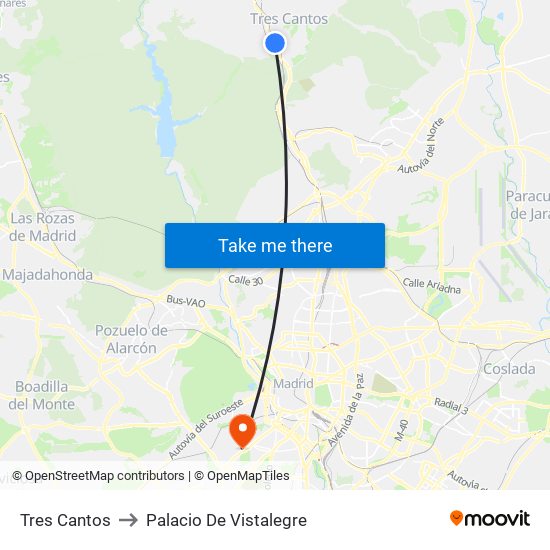 Tres Cantos to Palacio De Vistalegre map
