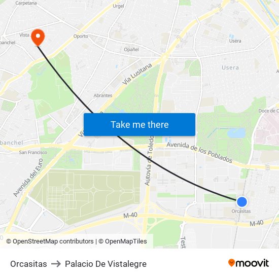 Orcasitas to Palacio De Vistalegre map