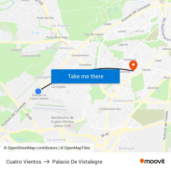 Cuatro Vientos to Palacio De Vistalegre map