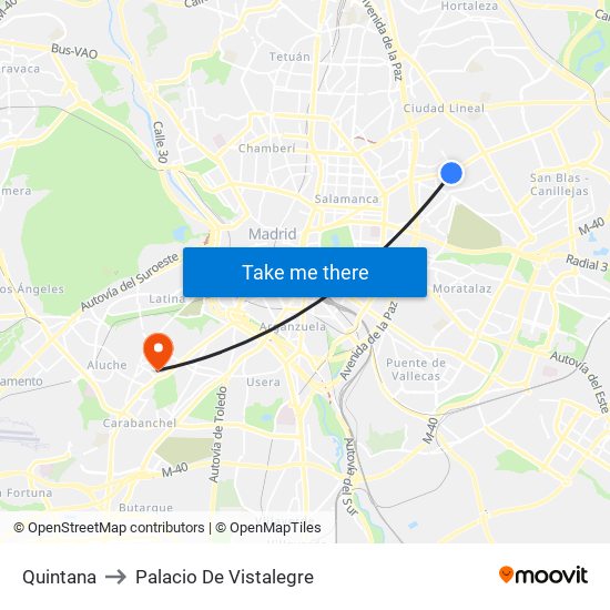 Quintana to Palacio De Vistalegre map