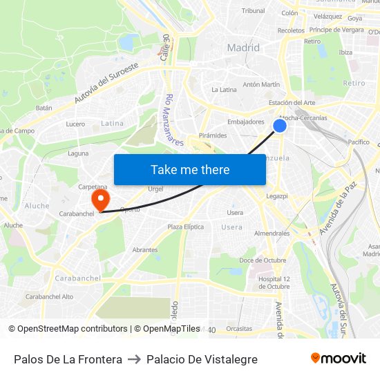 Palos De La Frontera to Palacio De Vistalegre map