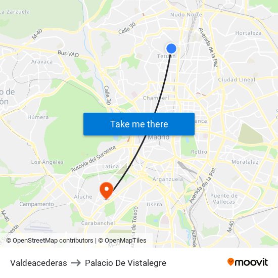 Valdeacederas to Palacio De Vistalegre map