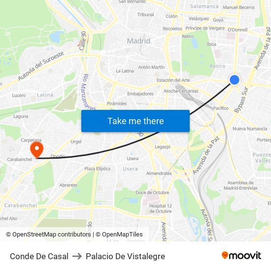 Conde De Casal to Palacio De Vistalegre map