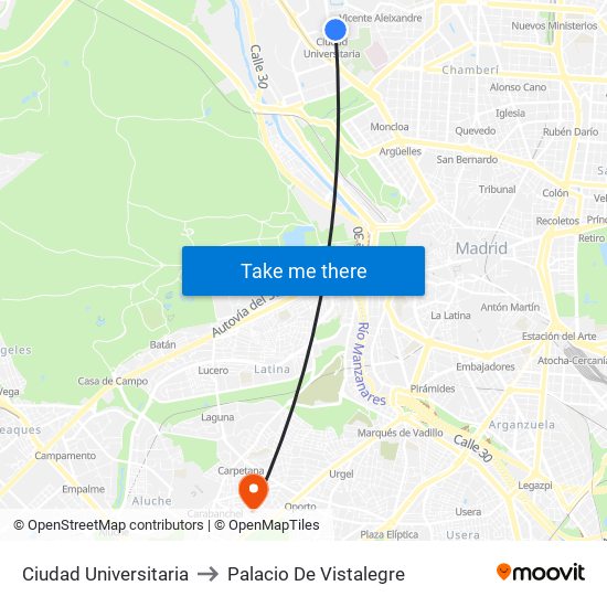 Ciudad Universitaria to Palacio De Vistalegre map