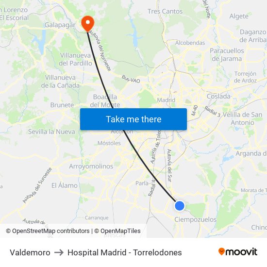 Valdemoro to Hospital Madrid - Torrelodones map