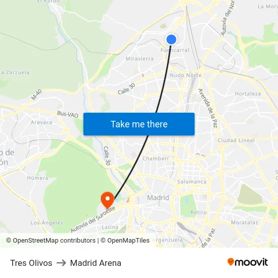 Tres Olivos to Madrid Arena map