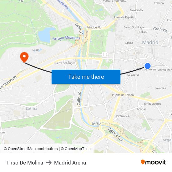 Tirso De Molina to Madrid Arena map