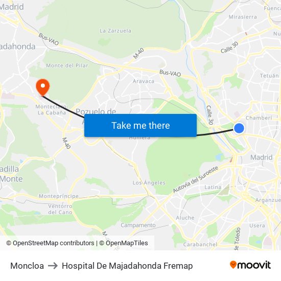 Moncloa to Hospital De Majadahonda Fremap map