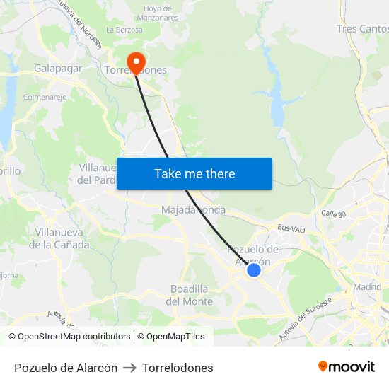 Pozuelo de Alarcón to Torrelodones map