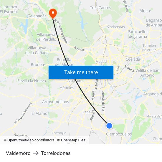 Valdemoro to Torrelodones map