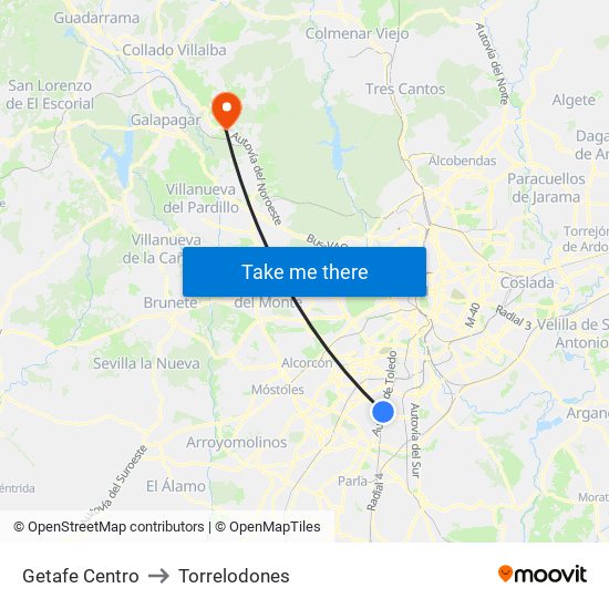 Getafe Centro to Torrelodones map