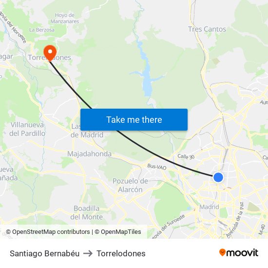 Santiago Bernabéu to Torrelodones map