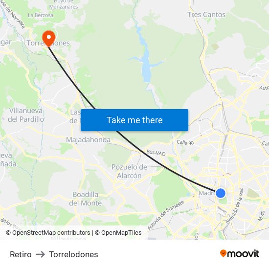 Retiro to Torrelodones map
