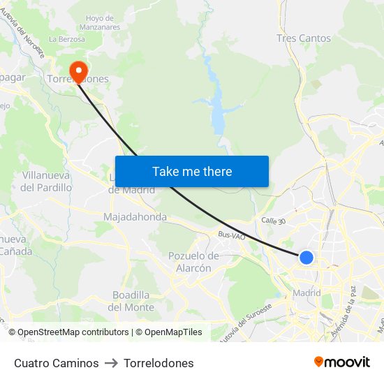 Cuatro Caminos to Torrelodones map