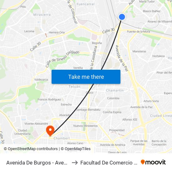 Avenida De Burgos - Avenida De Manoteras to Facultad De Comercio Y Turismo (Ucm) map