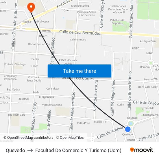 Quevedo to Facultad De Comercio Y Turismo (Ucm) map