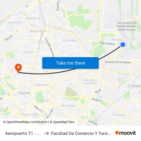 Aeropuerto T1 - T2 - T3 to Facultad De Comercio Y Turismo (Ucm) map