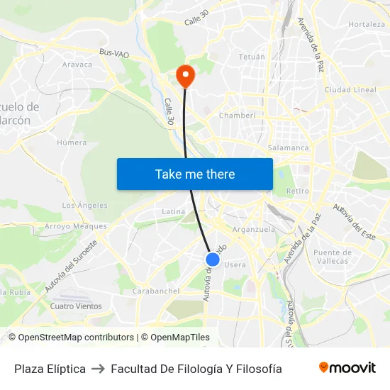 Plaza Elíptica to Facultad De Filología Y Filosofía map