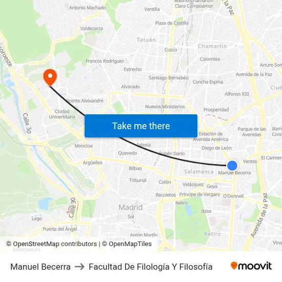 Manuel Becerra to Facultad De Filología Y Filosofía map