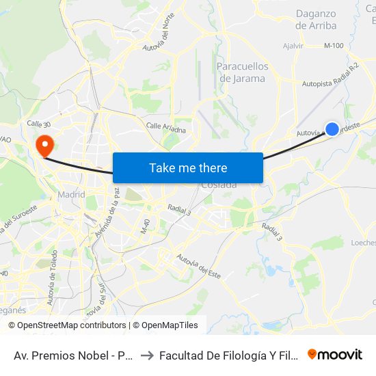 Av. Premios Nobel - Puente to Facultad De Filología Y Filosofía map