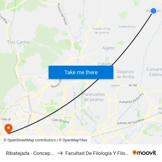 Ribatejada - Concepción to Facultad De Filología Y Filosofía map