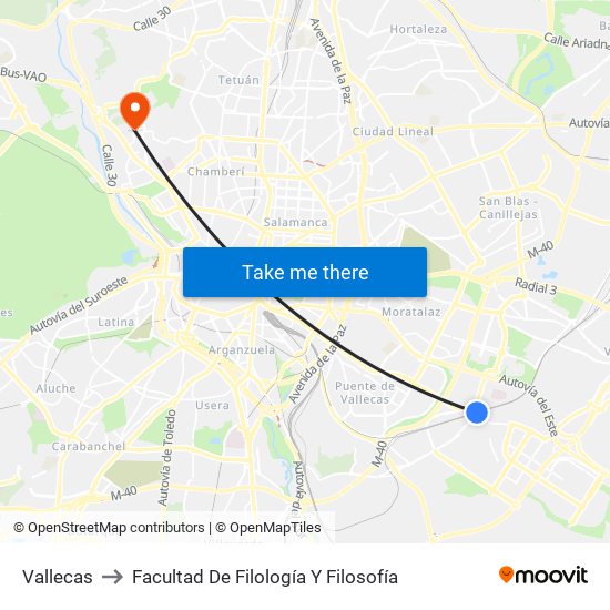 Vallecas to Facultad De Filología Y Filosofía map