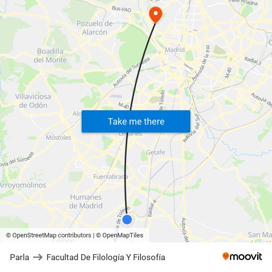 Parla to Facultad De Filología Y Filosofía map