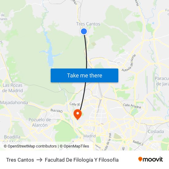 Tres Cantos to Facultad De Filología Y Filosofía map