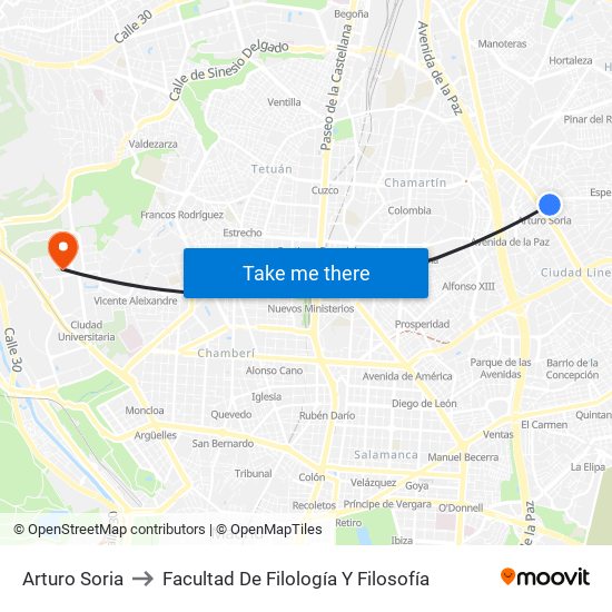 Arturo Soria to Facultad De Filología Y Filosofía map