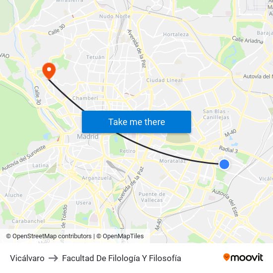 Vicálvaro to Facultad De Filología Y Filosofía map