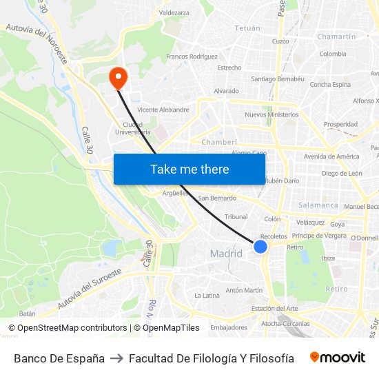 Banco De España to Facultad De Filología Y Filosofía map