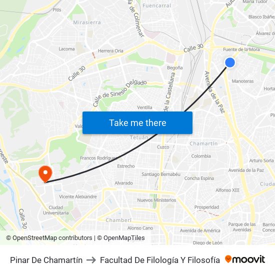 Pinar De Chamartín to Facultad De Filología Y Filosofía map