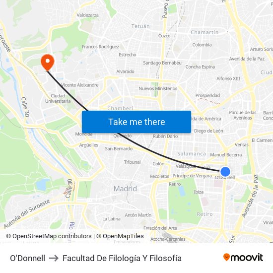 O'Donnell to Facultad De Filología Y Filosofía map